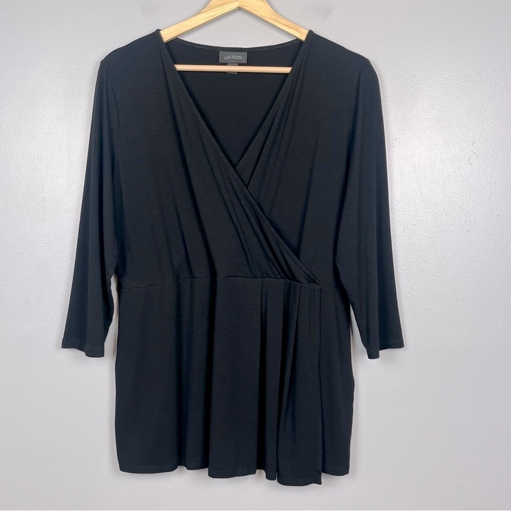 J.Jill Wearever collection black rayon spandex faux wrap 3/4 sleeve top, MP.